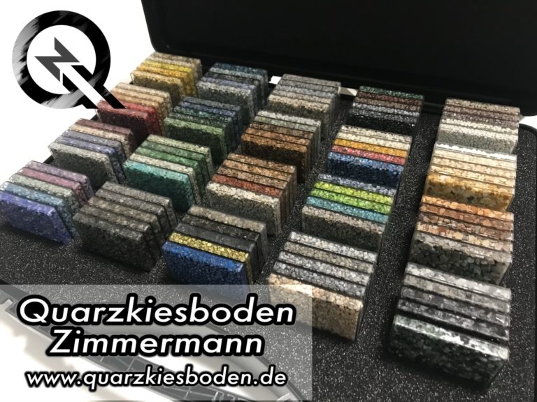 Musterkoffer Steinteppich Farben innen Qubo Quarzkiesboden Zimmermann
